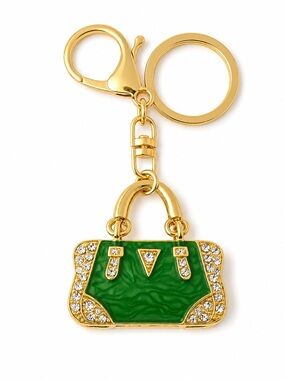Green Rhinestone Purse Bag Charm Keychain Gold Handbag Charm Crystal Key Ring